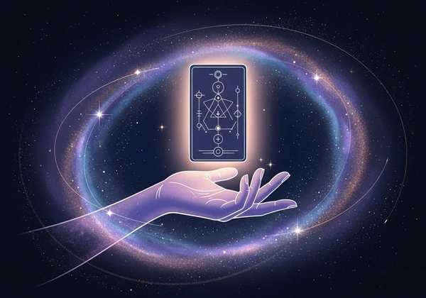 Una ilustración de una mano sosteniendo una carta de tarot brillante