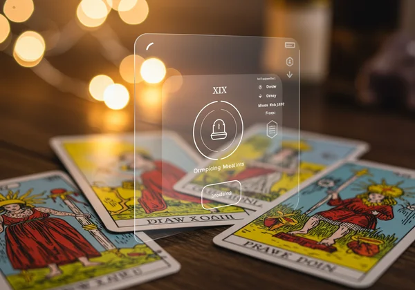 Cartas del tarot con superposición digital, simbolizando el aprendizaje moderno