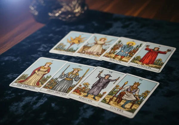Una tirada de varias cartas del tarot de Arcanos Mayores sobre una mesa