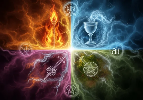 Cuatro símbolos elementales que representan los palos de los Arcanos Menores