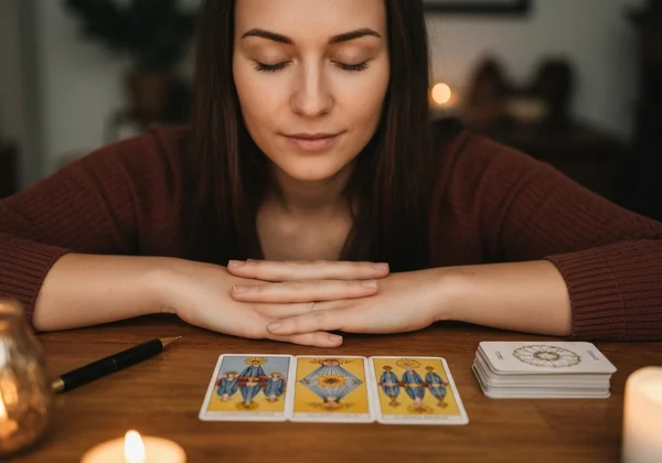 Seseorang sedang fokus sebelum pembacaan tarot tiga kad
