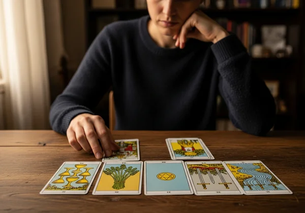 Person contemplating a decision with tarot cards