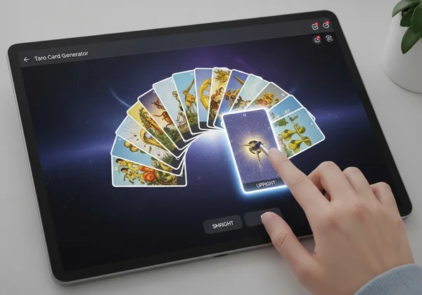 Mano usando un generador intuitivo de cartas del tarot en una pantalla