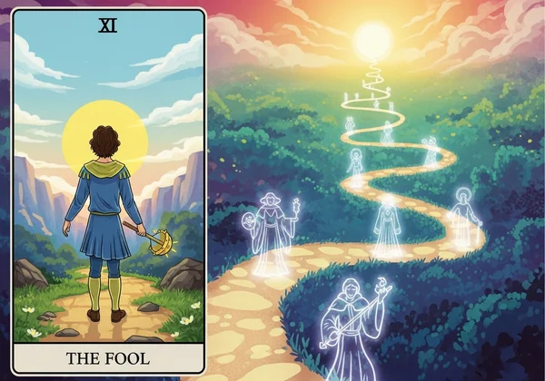 La carta del tarot del Loco embarcándose en un sinuoso camino místico
