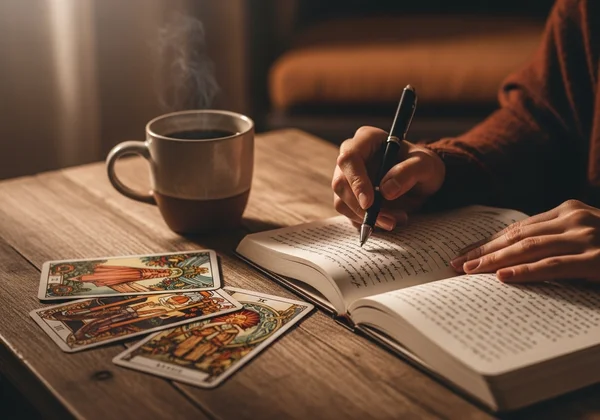 Person writing in journal with tarot cards, daily reflection.